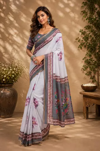 grey printed chanderi cotton ready to wear saree with unstitched blouse