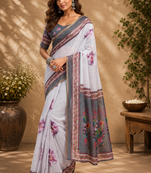 grey printed chanderi cotton ready to wear saree with unstitched blouse