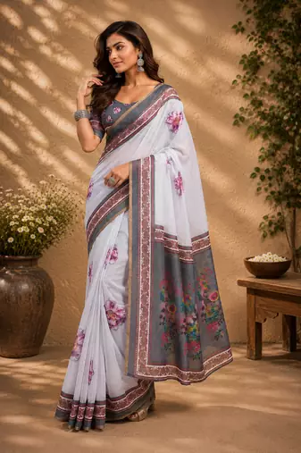 grey printed chanderi cotton ready to wear saree with unstitched blouse