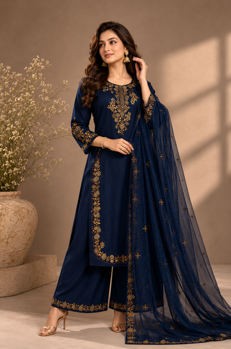 Cotton cambric straight kurti-pant-dupatta set
