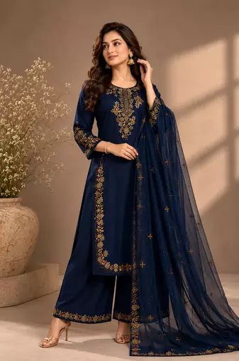 Cotton cambric straight kurti-pant-dupatta set