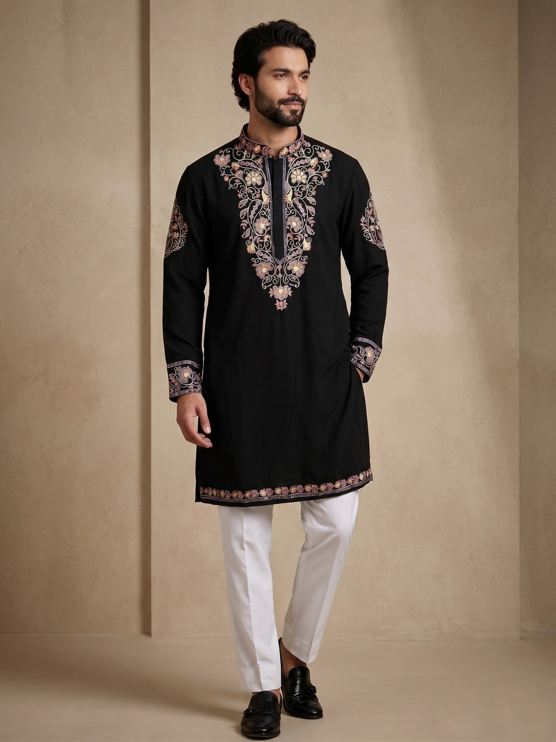 Mens designer black kurta pyjama set