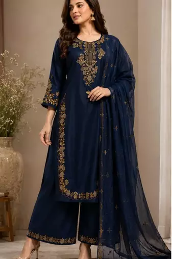 Cotton cambric straight kurti-pant-dupatta set