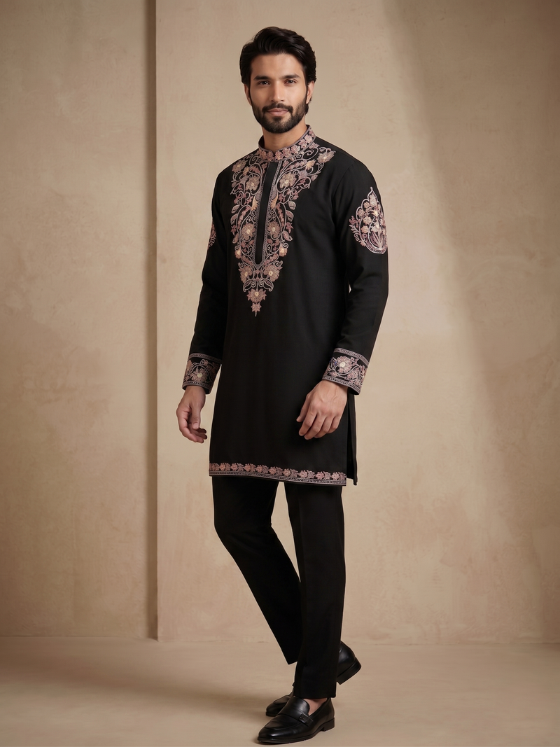 Mens designer black kurta pyjama set
