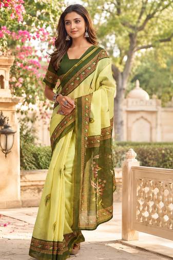 lemon yellow printed chanderi cotton ready to wear saree with unstitched blouse