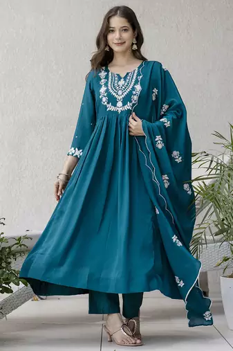 Women's Beautiful Embroidery Work Chinon Fabric Flared Anarkali Pant and Dupatta Set