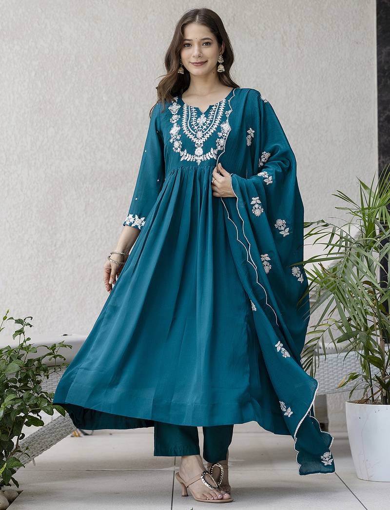 Women's Beautiful Embroidery Work Chinon Fabric Flared Anarkali Pant and Dupatta Set