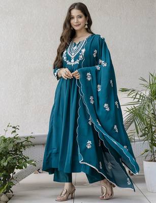 Women's Beautiful Embroidery Work Chinon Fabric Flared Anarkali Pant and Dupatta Set 3