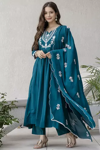 Women's Beautiful Embroidery Work Chinon Fabric Flared Anarkali Pant and Dupatta Set