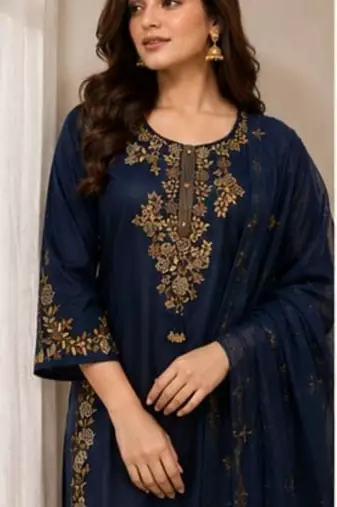 Cotton cambric straight kurti-pant-dupatta set