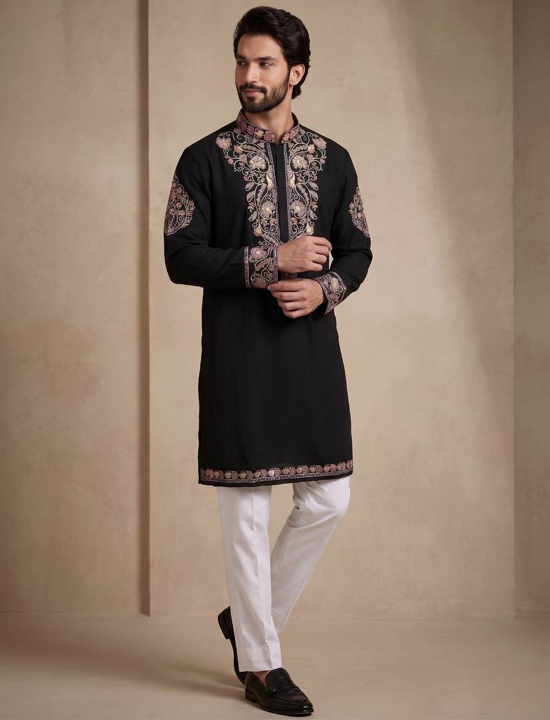 Mens designer black kurta pyjama set