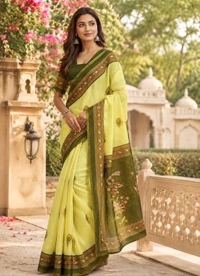 lemon yellow printed chanderi cotton ready to wear saree with unstitched blouse 2