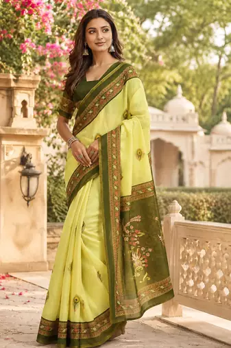 lemon yellow printed chanderi cotton ready to wear saree with unstitched blouse