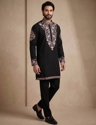 Mens designer black kurta pyjama set 4