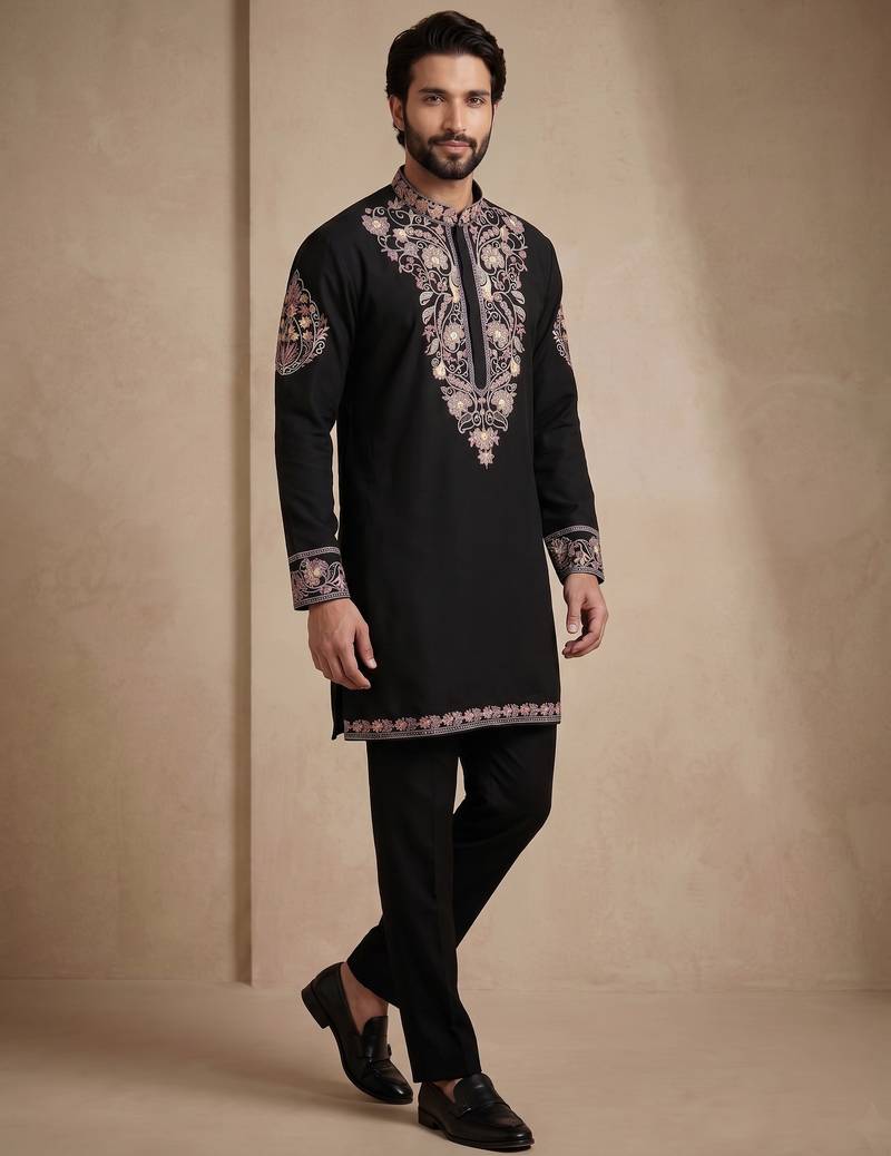 Mens designer black kurta pyjama set