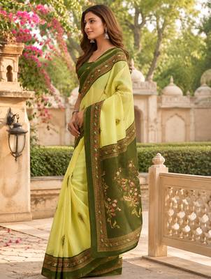 lemon yellow printed chanderi cotton ready to wear saree with unstitched blouse 3