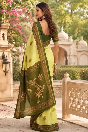 lemon yellow printed chanderi cotton ready to wear saree with unstitched blouse