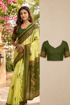 lemon yellow printed chanderi cotton ready to wear saree with unstitched blouse 5