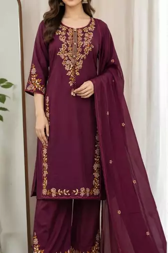 Cotton cambric straight kurti-pant-dupatta set