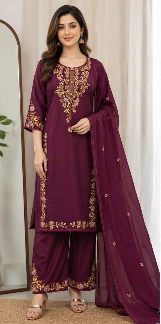 Cotton cambric straight kurti-pant-dupatta set
