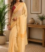light yellow printed chanderi cotton ready to wear saree with unstitched blouse