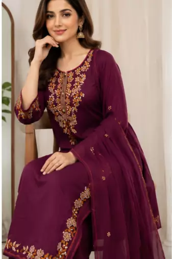 Cotton cambric straight kurti-pant-dupatta set