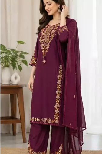 Cotton cambric straight kurti-pant-dupatta set