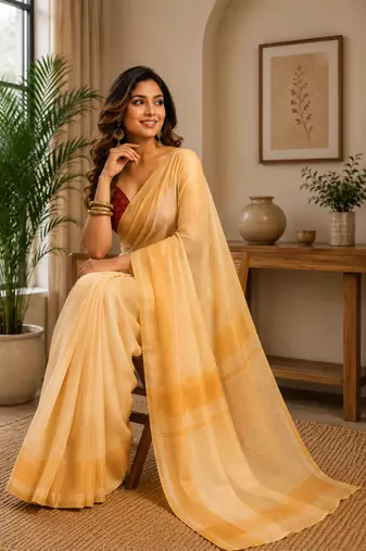 light yellow printed chanderi cotton ready to wear saree with unstitched blouse