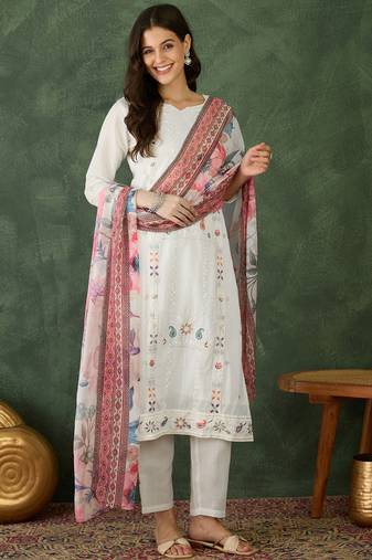 Women's Beautiful Embroidery Work Cotton Fabric Straight Kurta Pant and Dupatta Set