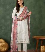 Women's Beautiful Embroidery Work Cotton Fabric Straight Kurta Pant and Dupatta Set