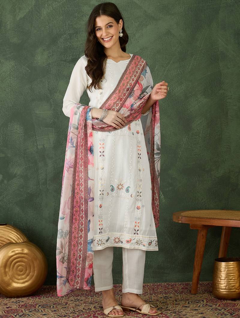 Women's Beautiful Embroidery Work Cotton Fabric Straight Kurta Pant and Dupatta Set
