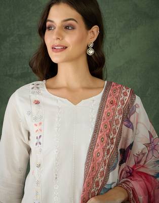 Women's Beautiful Embroidery Work Cotton Fabric Straight Kurta Pant and Dupatta Set 2