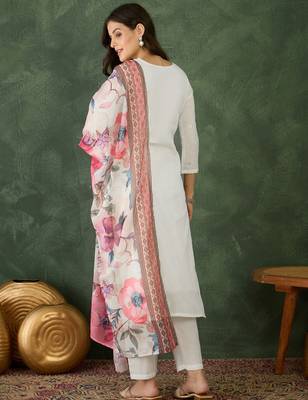 Women's Beautiful Embroidery Work Cotton Fabric Straight Kurta Pant and Dupatta Set 4