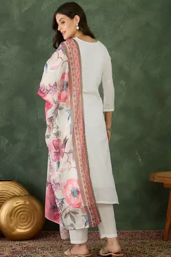 Women's Beautiful Embroidery Work Cotton Fabric Straight Kurta Pant and Dupatta Set