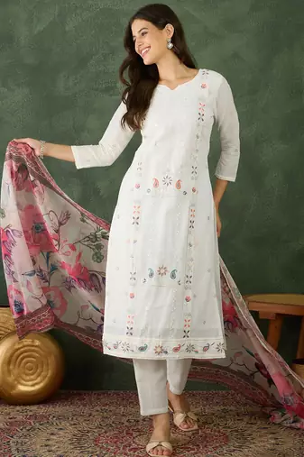 Women's Beautiful Embroidery Work Cotton Fabric Straight Kurta Pant and Dupatta Set