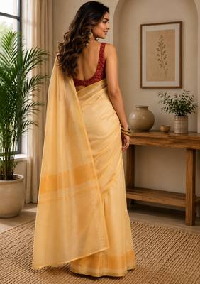 light yellow printed chanderi cotton ready to wear saree with unstitched blouse 4