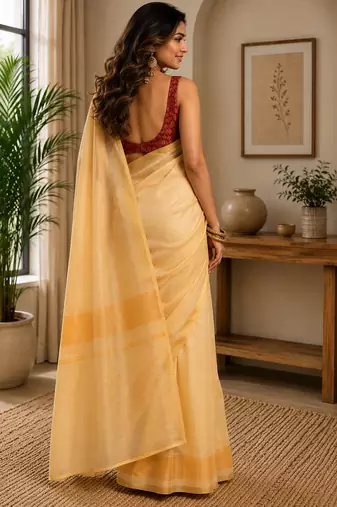 light yellow printed chanderi cotton ready to wear saree with unstitched blouse