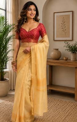 light yellow printed chanderi cotton ready to wear saree with unstitched blouse 5