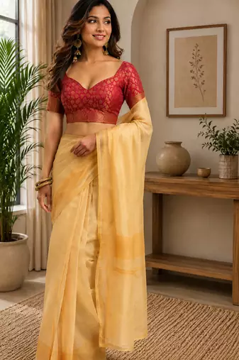 light yellow printed chanderi cotton ready to wear saree with unstitched blouse