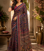 navy blue printed chanderi cotton ready to wear saree with unstitched blouse