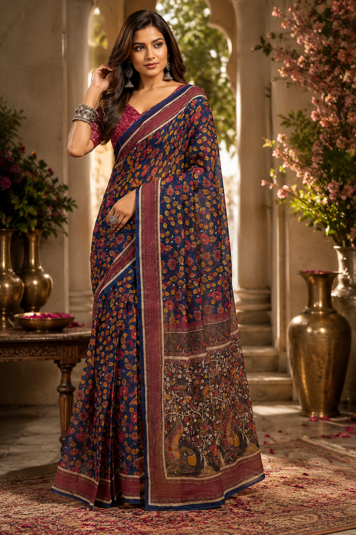 navy blue printed chanderi cotton ready to wear saree with unstitched blouse