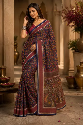 navy blue printed chanderi cotton ready to wear saree with unstitched blouse