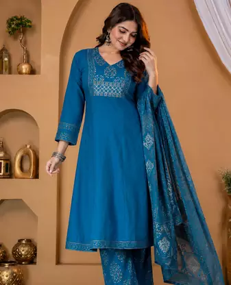 Cotton cambric anarkali kurti-pant-dupatta set