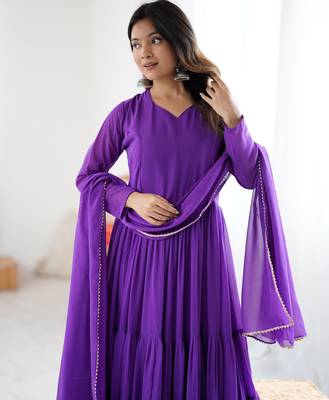 Purple floral print georgette stitched anarkali style gown with dupatta for women 1
