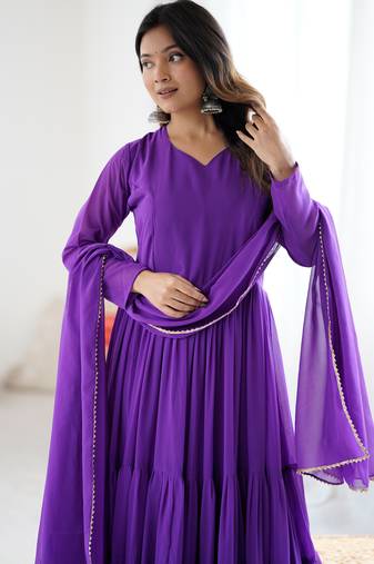 Purple floral print georgette stitched anarkali style gown with dupatta for women
