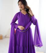 Purple floral print georgette stitched anarkali style gown with dupatta for women
