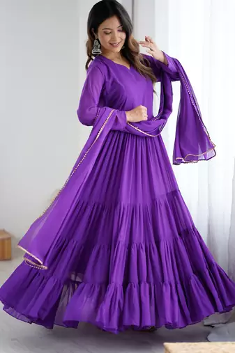 Purple floral print georgette stitched anarkali style gown with dupatta for women