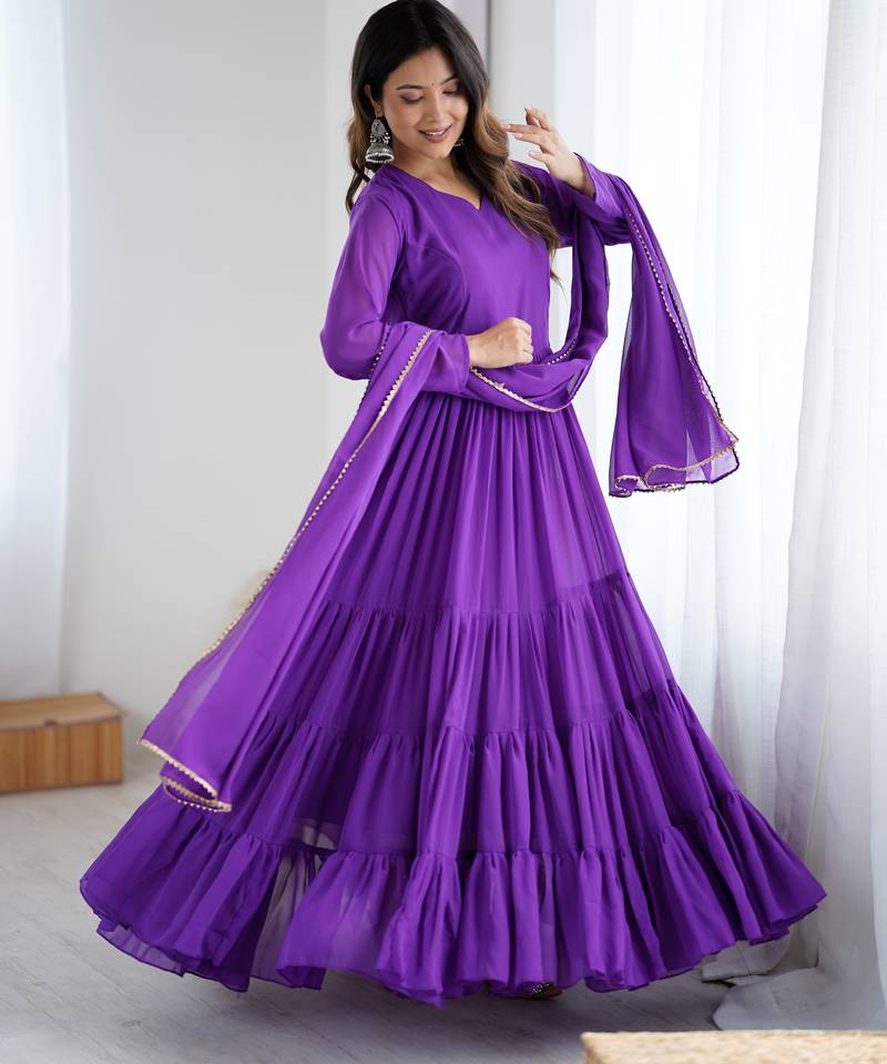 Purple floral print georgette stitched anarkali style gown with dupatta for women