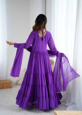 Purple floral print georgette stitched anarkali style gown with dupatta for women 3