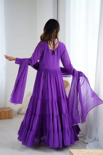 Purple floral print georgette stitched anarkali style gown with dupatta for women